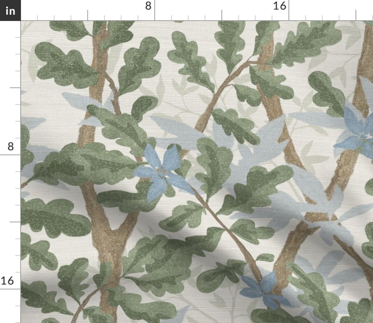 Oak Leaves Branches Trees Oak Tree Large Scale Blue Green Floral Nature Forest Faux Texture Distressed Landscape Scenic Mural Linen Faux Linen Custom Printed Fabric by Spoonflower Various Fabrics by the Yard or Fat Quarter